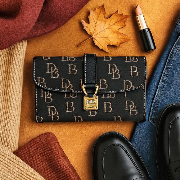 Dooney & Bourke Vintage Wallet | Black Logo Jacquard Gold Lock | Y2K Monogram - Picture 1 of 15